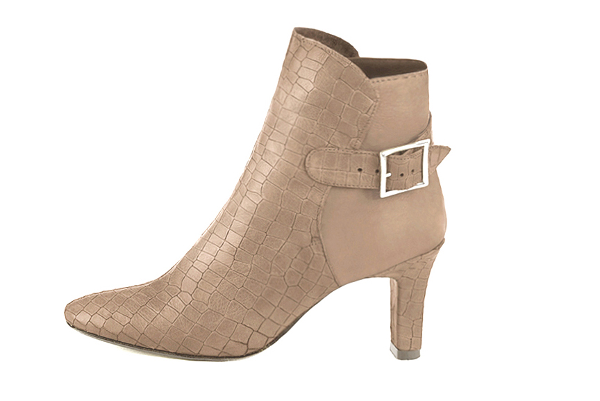 Tan beige women's ankle boots with buckles at the back. Round toe. High kitten heels. Profile view - Florence KOOIJMAN
